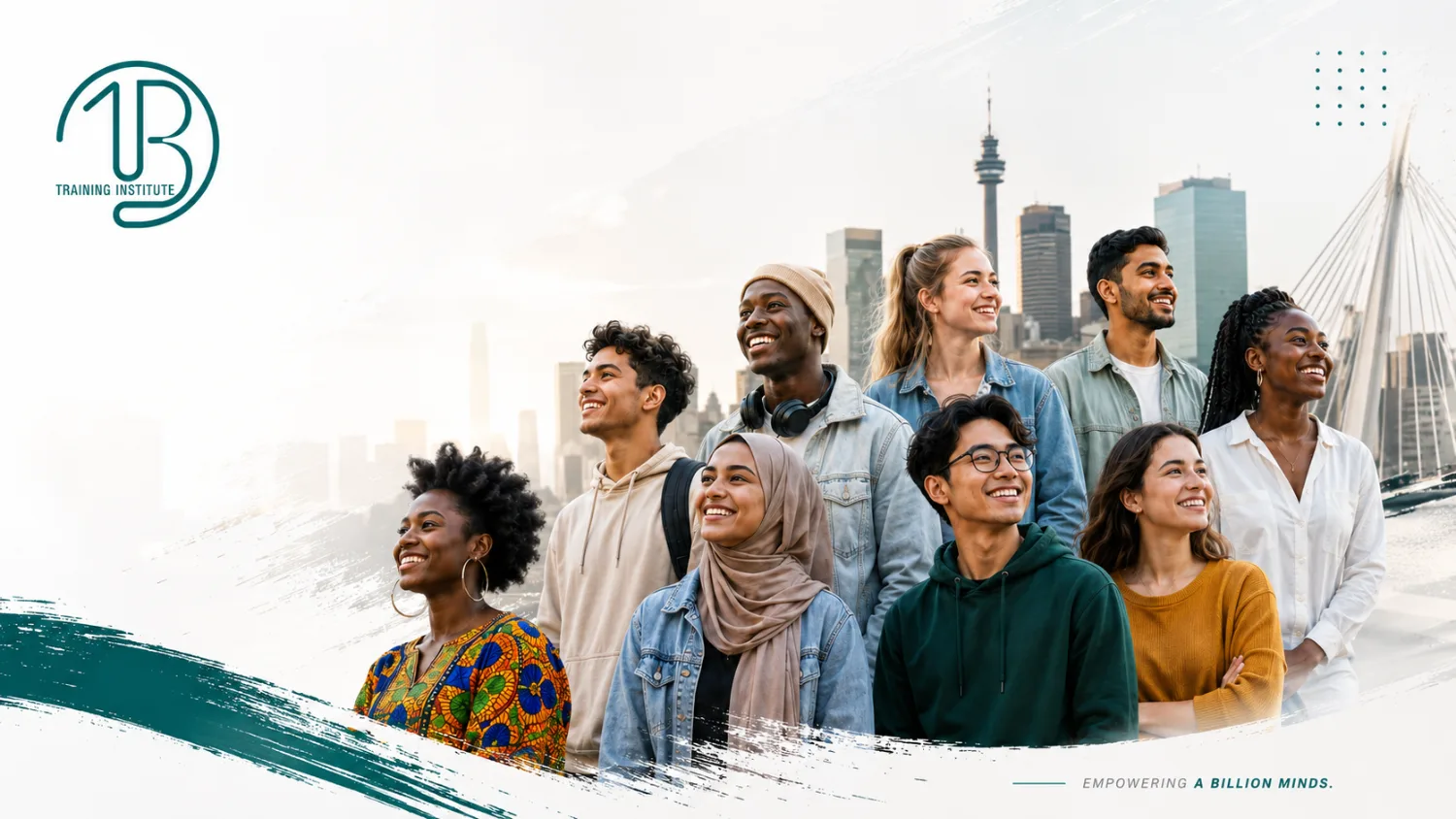 Diverse group of young South African learners with the Johannesburg skyline